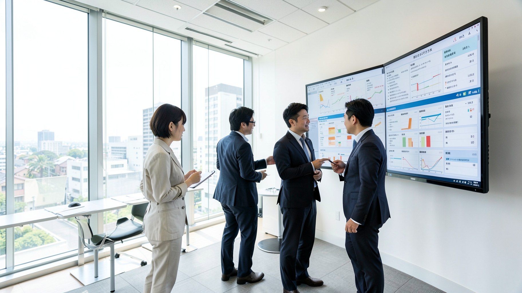 明るいオフィスで採用担当チームが候補者データの資料を確認しながら議論している様子