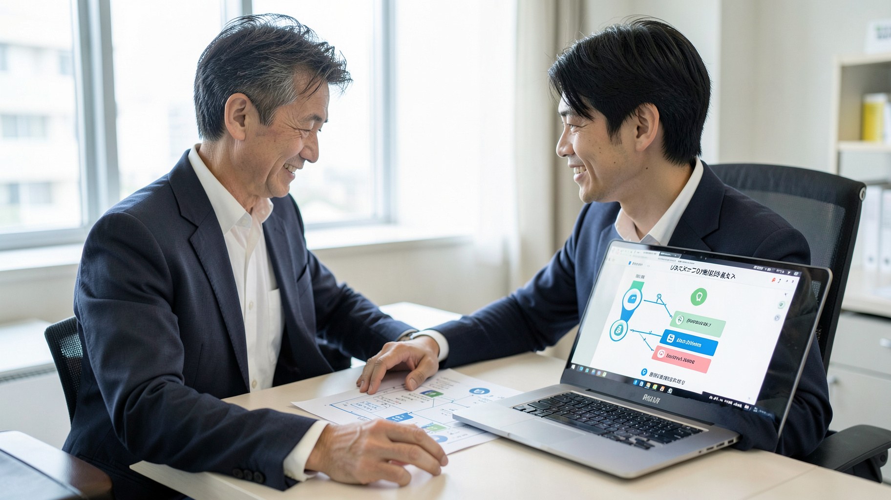 採用手法の全体像を示す資料と、ノートパソコンで採用計画を検討する担当者の手元