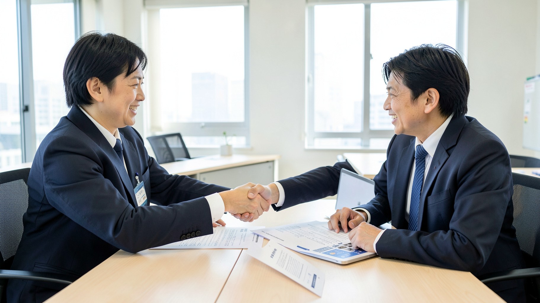 明るい会議室で資料とノートパソコンを囲んで打ち合わせをするビジネスパーソン