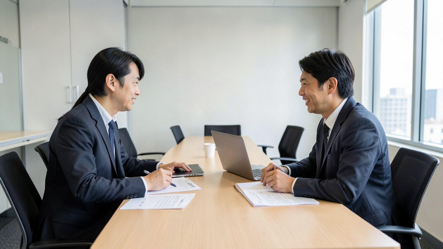 面接室でノートと資料を前に候補者と向き合う面接官の様子