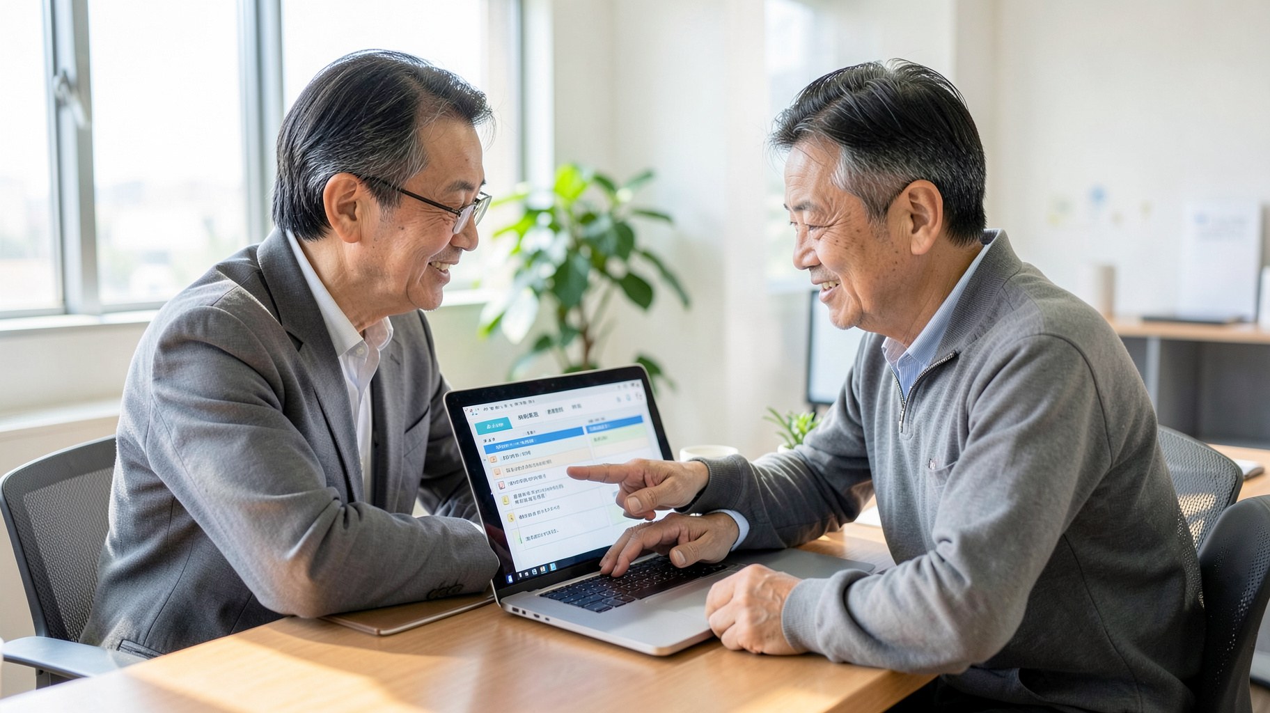 先輩社員がノートパソコンの画面を指しながら新入社員にオンボーディングの説明をしている様子